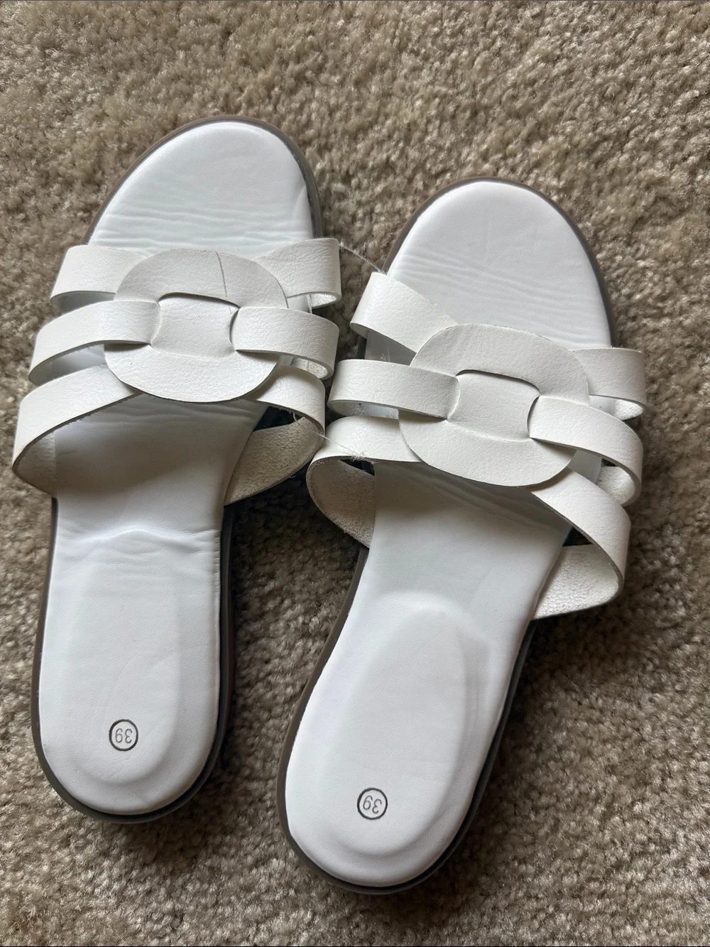 White Women's Slide Sandals with Linked Strap Detail